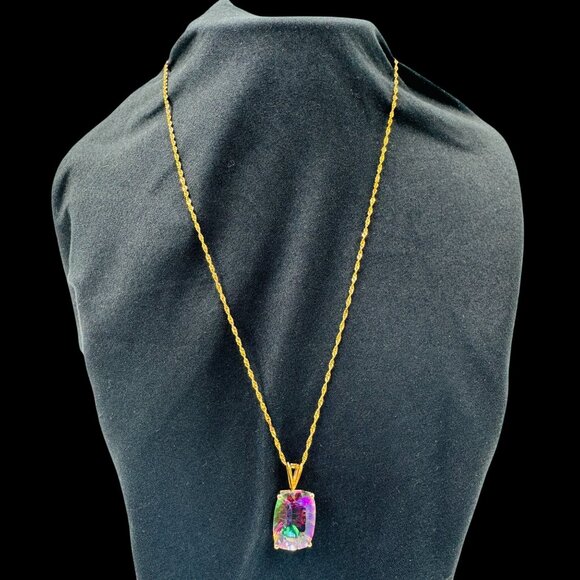 Vtg 14K Gold Mystic Topaz Pendant Necklace With Rope Chain Made In Croatia - Picture 13 of 16